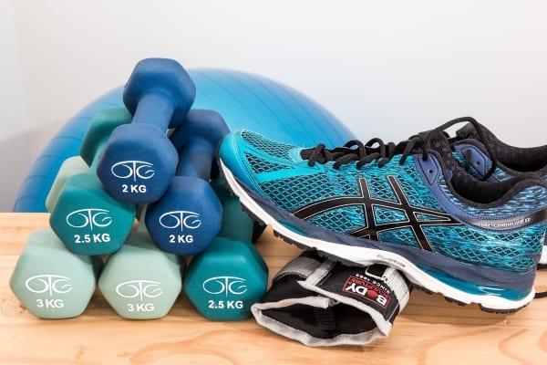 light dumbells and running shoes